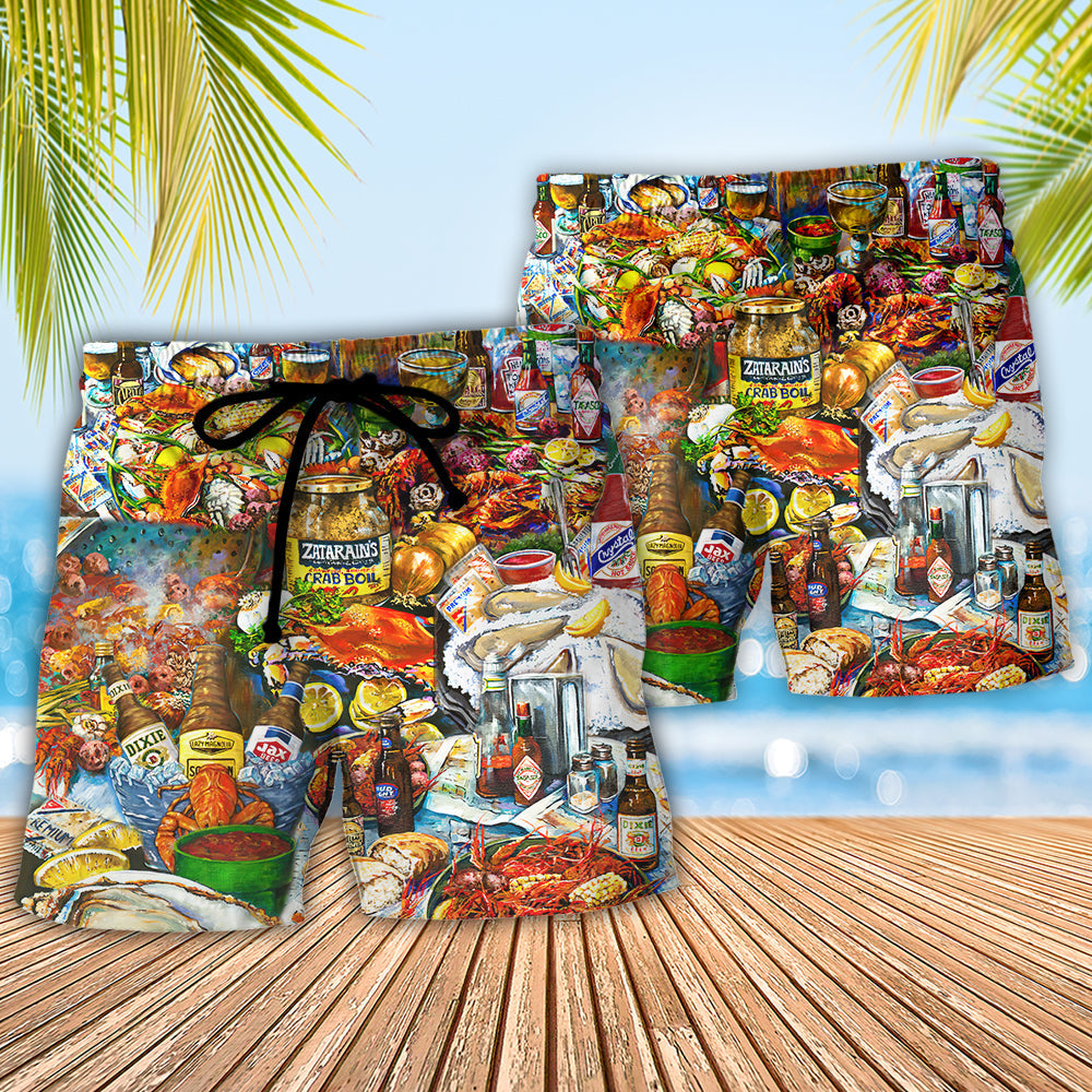Festival Seafood Food Beach Shorts Pattern Detail For Poolside Fun And Easy Warm Weather Wear