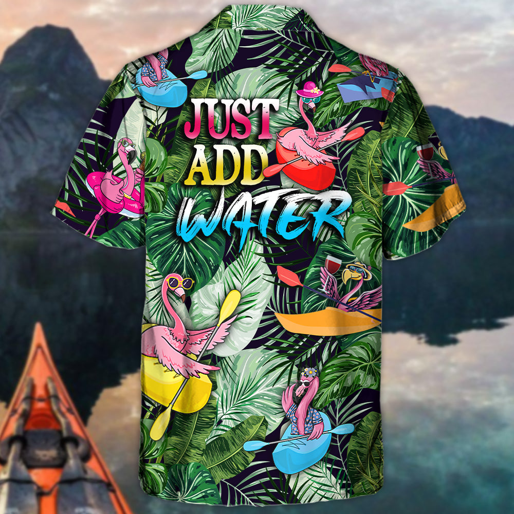 Tropical Funny Kayaking Flamingo Water Hawaiian Shirt Fabric Pattern Detail For Coastal Travel