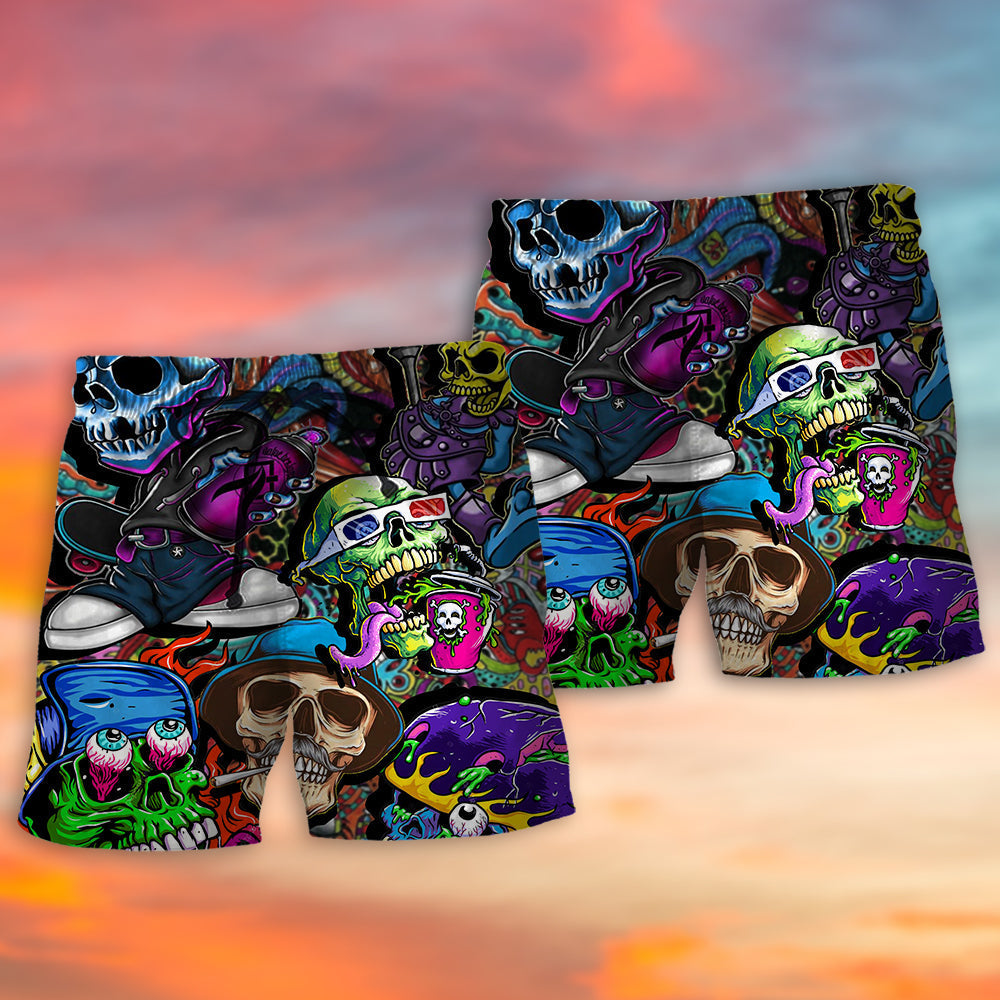 Skull Colorful Mixed Art Style Beach Shorts For Bold Summer Vacation Style