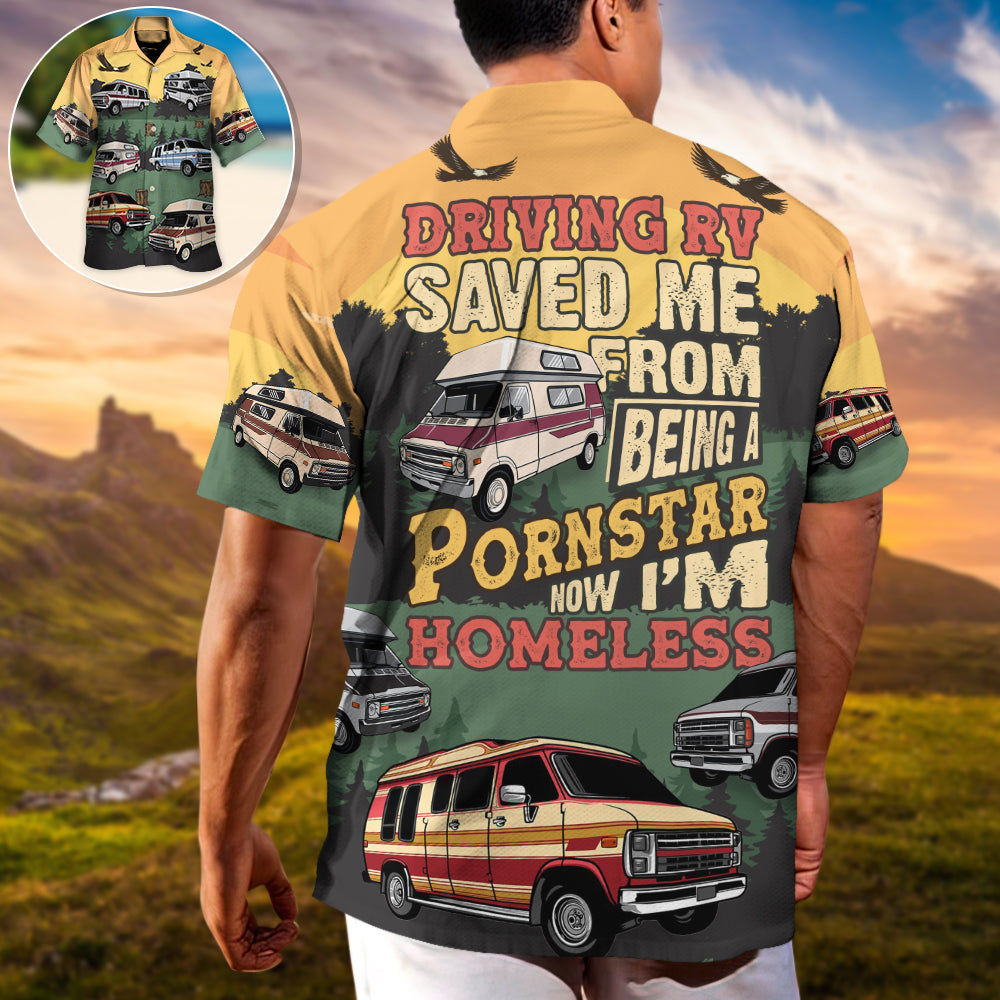 Driving RV Adult Film Star Homeless Camping Hawaiian Shirt Design Detail For Sunny Adventures And Casual Wear