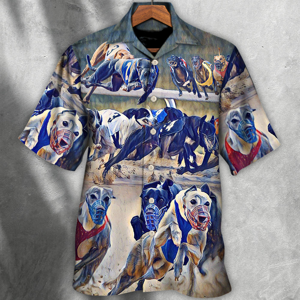 Dog Racing Greyhound Hawaiian Shirt Collar And Front View For Summer Travel