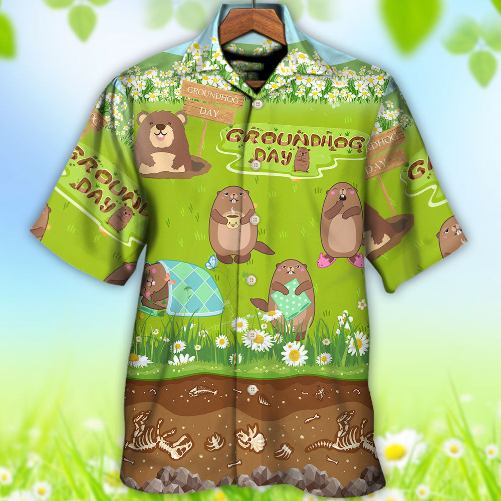 Floral Spring Groundhog Grass Hawaiian Shirt Collar And Front View For Casual Outings