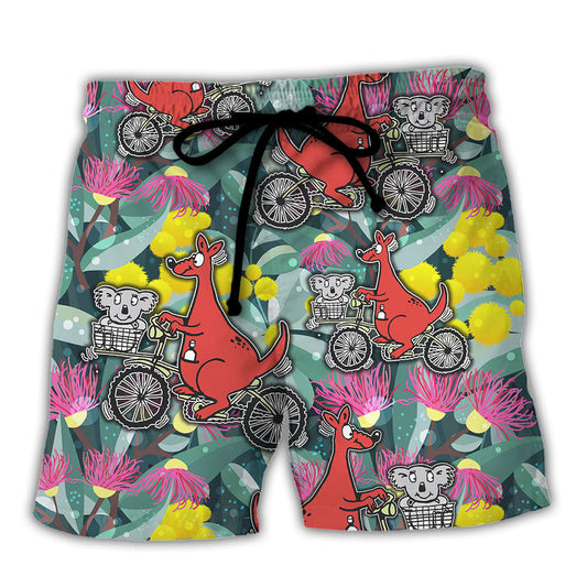 Kangaroo And Koala Cycling Floral Art Beach Shorts For Sunny Holidays And Outdoor Wear