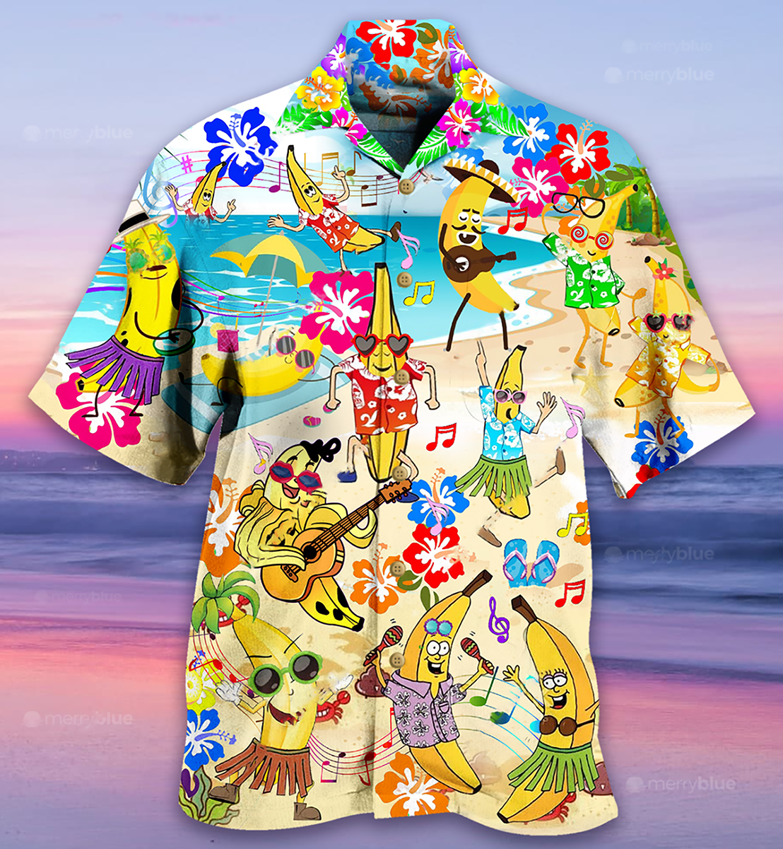 Funny Tropical Music Banana Beach Hawaiian Shirt Artwork Detail For Resort Trips And Outdoor Activities