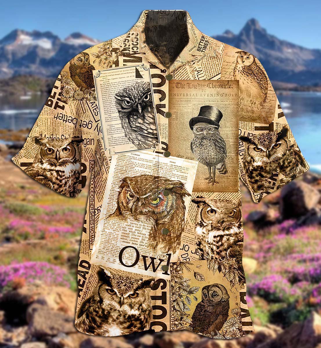 Retro Vintage Owl Paper Hawaiian Shirt Pattern View For Relaxed Warm Weather Outfits