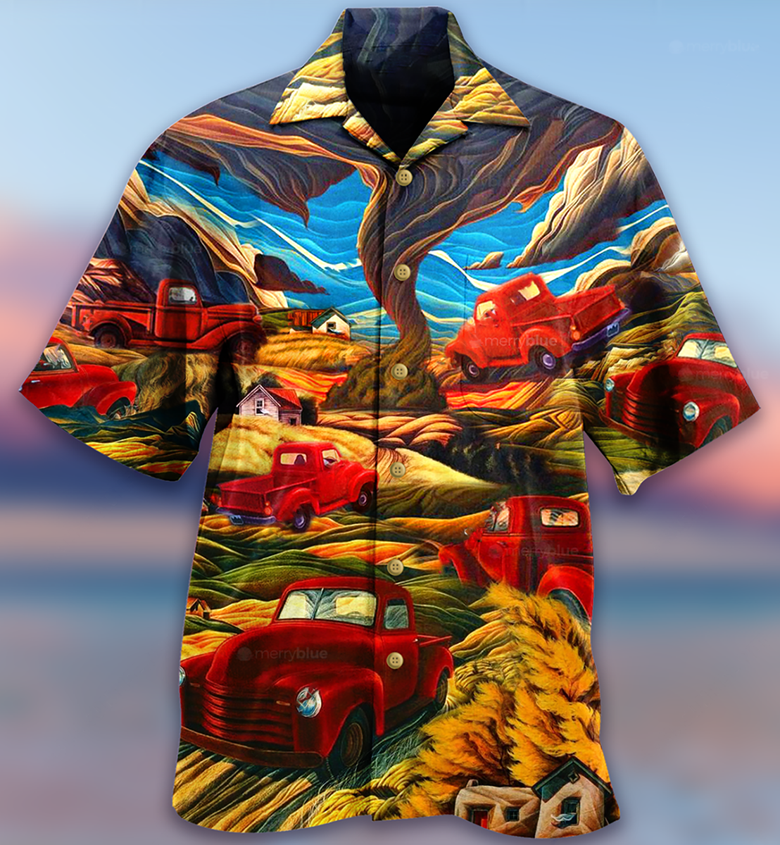 Red Classic Car And Mountain Landscape Hawaiian Shirt With All Over Print For Resort Travel Summer Outings And Casual
