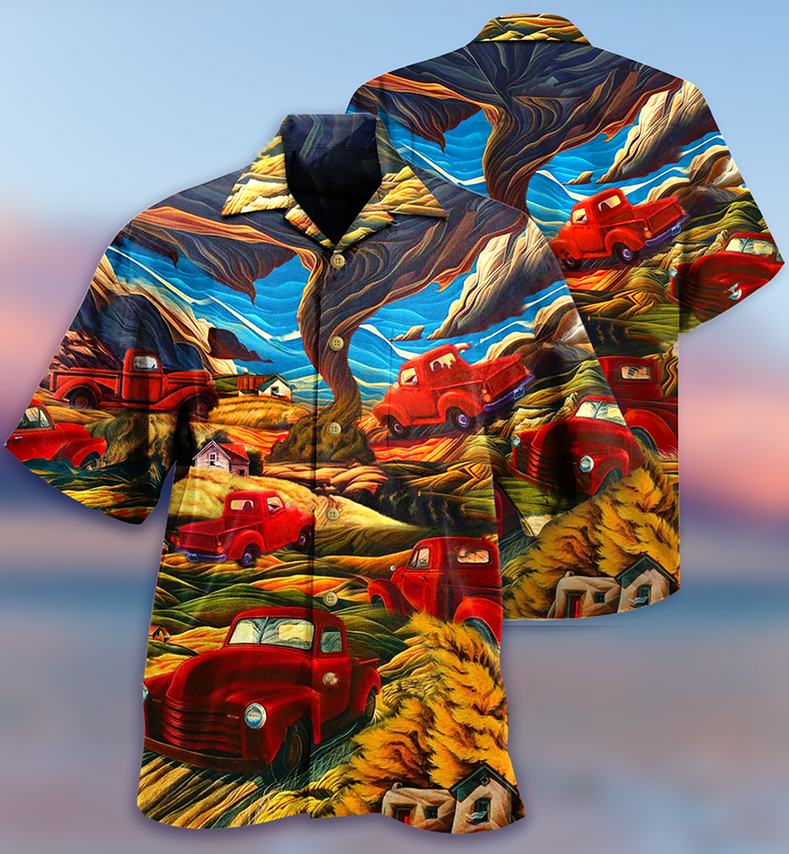 Red Classic Car And Mountain Landscape Hawaiian Shirt With Detailed Graphic For Resort Travel Summer Outings And Casual