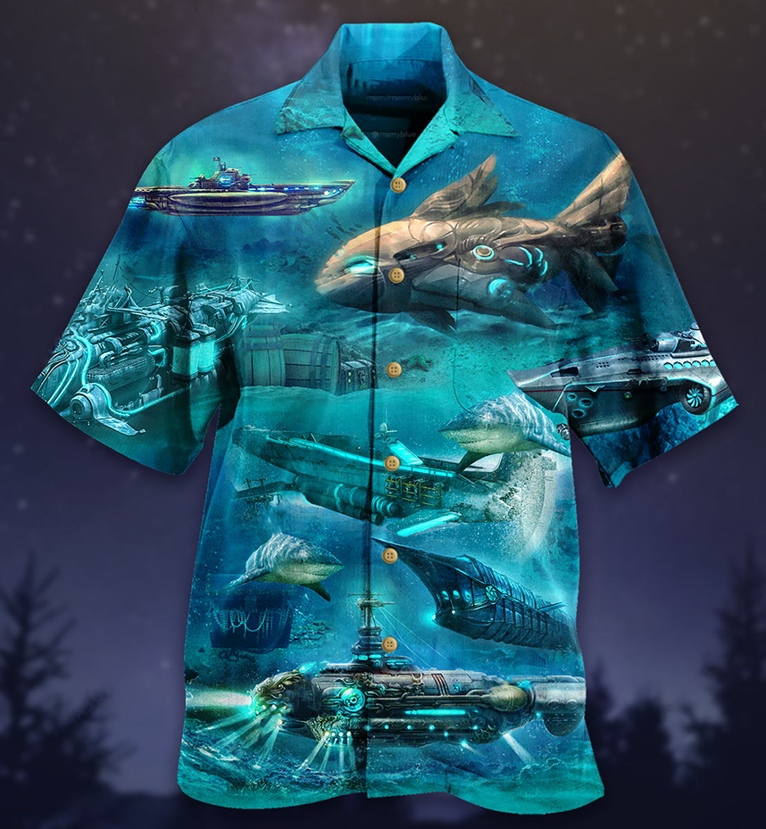 Submarine Hawaiian Shirt With All Over Print For Tropical Parties Vacation Travel And Casual Summer Style