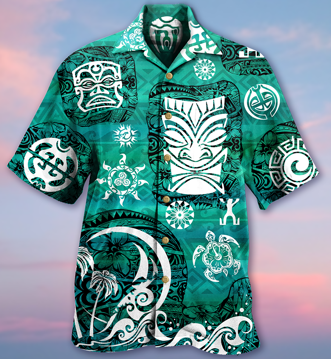 Turtle Tiki Geen Hawaiian Shirt Artwork View For Weekend Travel And Beach Style