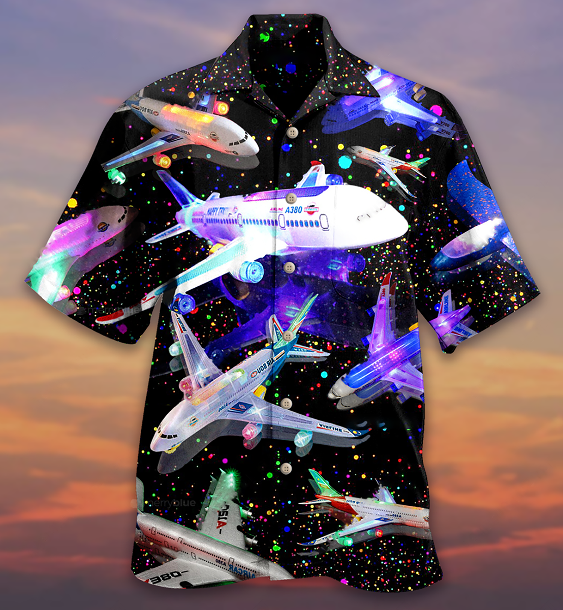 Airplane Hawaiian Shirt With All Over Print For Tropical Parties Vacation Travel And Casual Summer Style