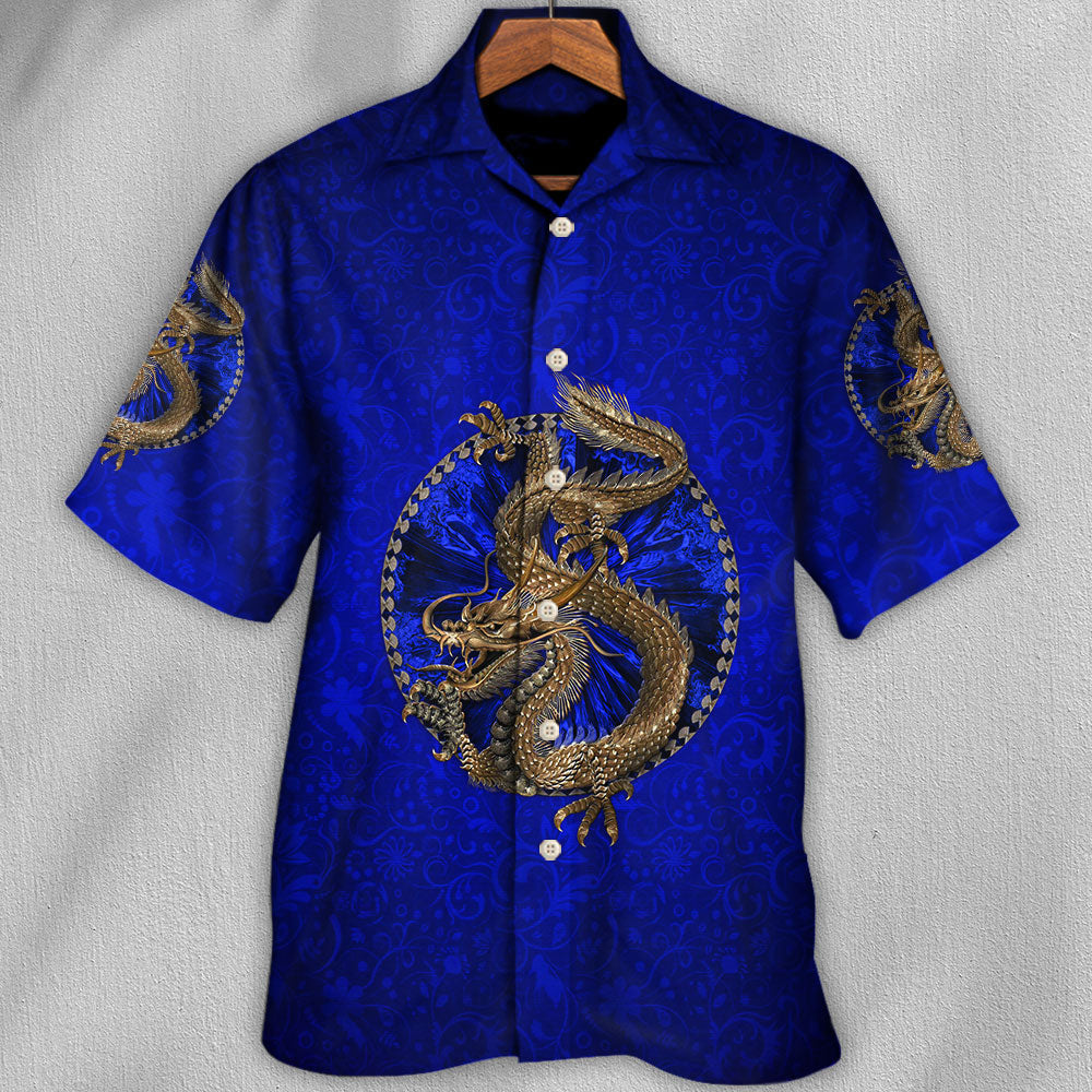 Colorful Dragon Navy Hawaiian Shirt Pattern Detail For Island Holidays