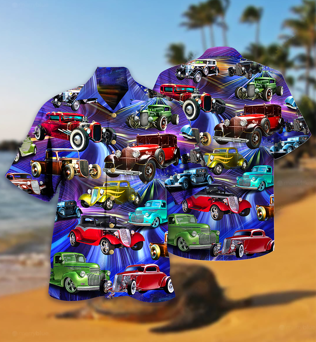 Red Green Classic Car Hawaiian Shirt With Detailed Graphic For Island Holidays Summer Parties And Casual Outdoor Wear