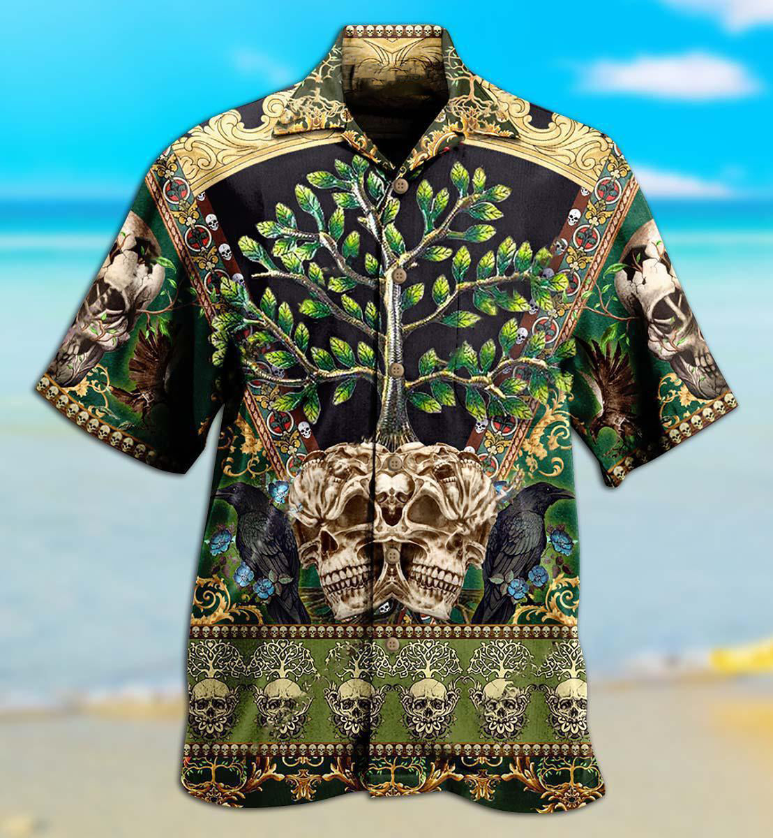 Green Skull Hawaiian Shirt With Detailed Graphic For Island Trips Summer Gatherings And Comfortable Daily Wear