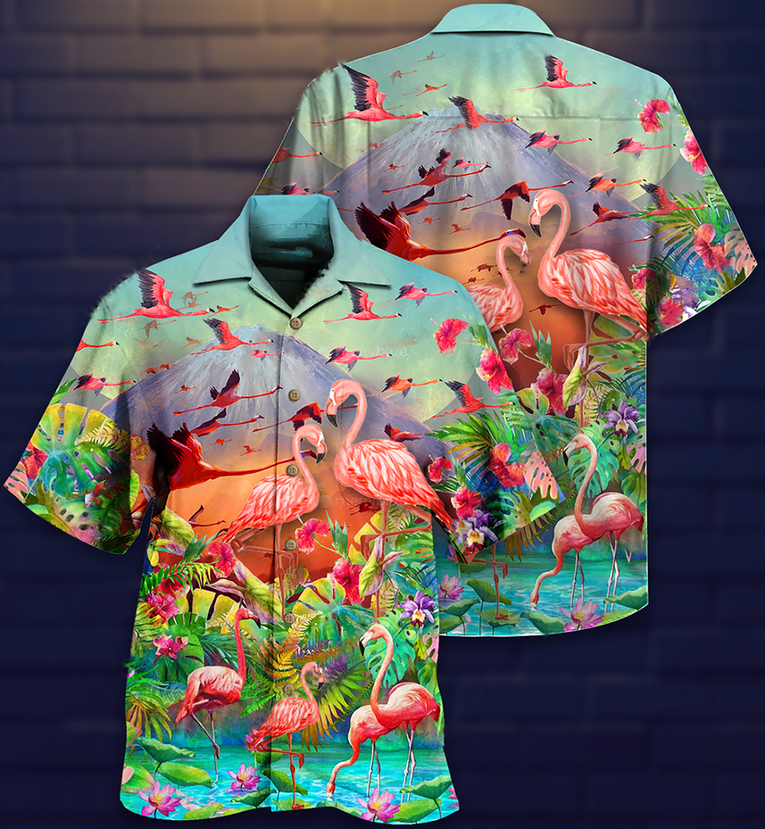 Flamingo Couple Hawaiian Shirt Pattern Detail For Summer Holidays And Outdoor Fun