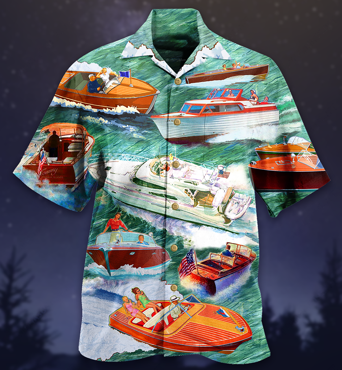 Pontoon Boat Hawaiian Shirt With All Over Print For Tropical Holiday Resort Parties And Everyday Style