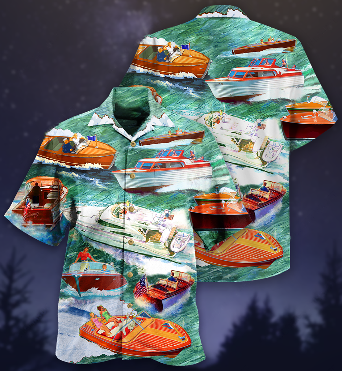 Pontoon Boat Hawaiian Shirt With Detailed Graphic For Tropical Holiday Resort Parties And Everyday Style