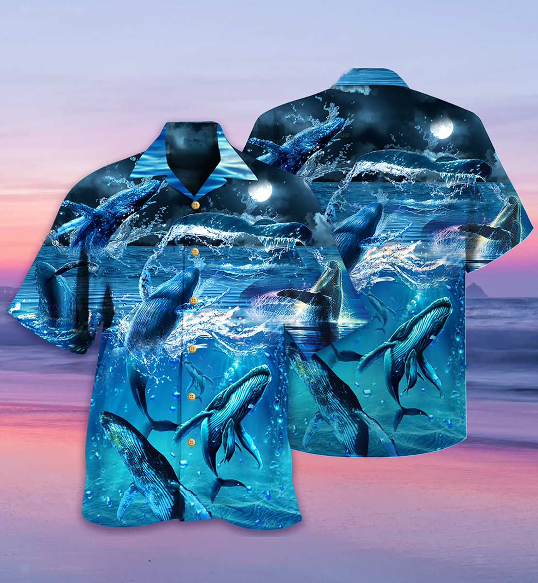 Blue Whale Ocean Hawaiian Shirt Pattern Detail For Vacation Travel And Daily Wear