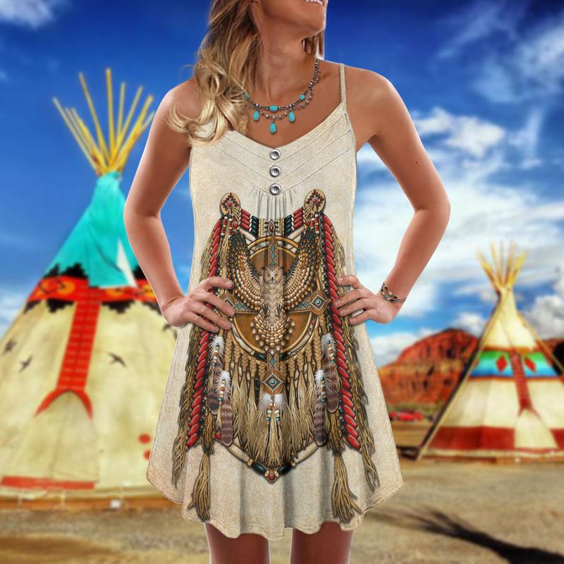 Native Owls V-Neck Sleeveless Cami Dress For Parties And Relaxed Everyday Styling