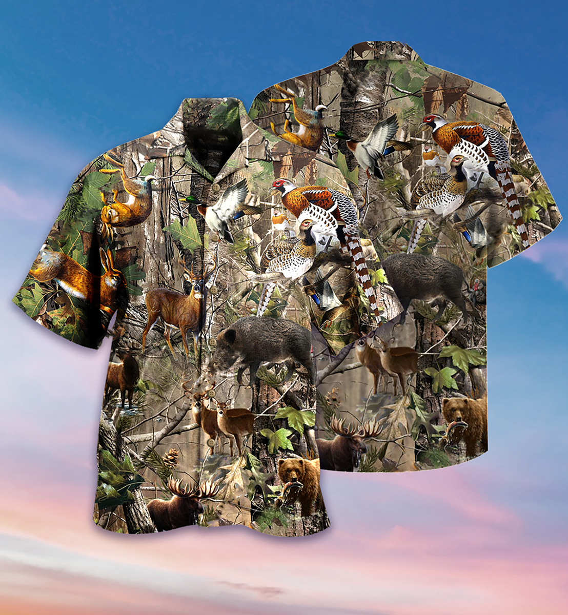 Hunting Animals Hawaiian Shirt Pattern Detail For Summer Holidays And Outdoor Fun