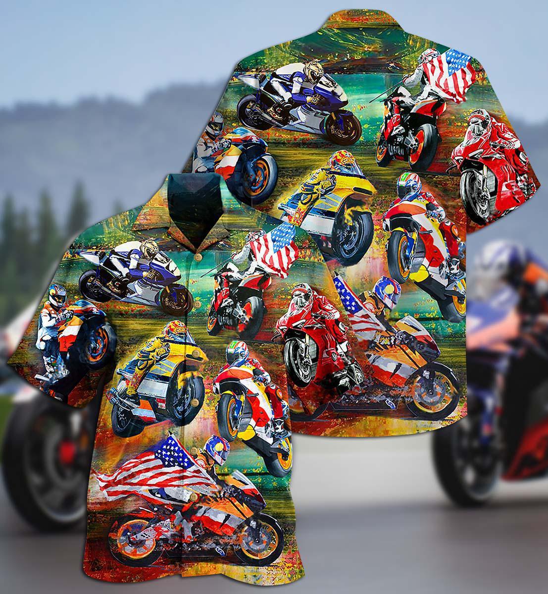 Patriotic Racing Car Hawaiian Shirt With Detailed Graphic For Summer Vacation Beach Travel And Casual Wear