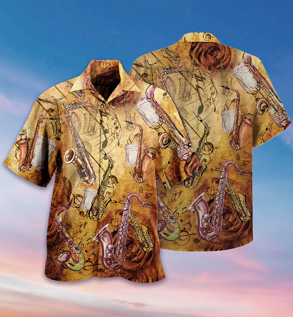 Classic Saxophone Music Hawaiian Shirt Design Detail For Sunny Adventures And Casual Wear