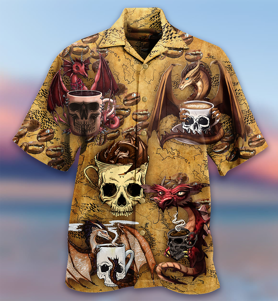Vintage Dragon Coffee Skull Hawaiian Shirt Artwork View For Weekend Travel And Beach Style