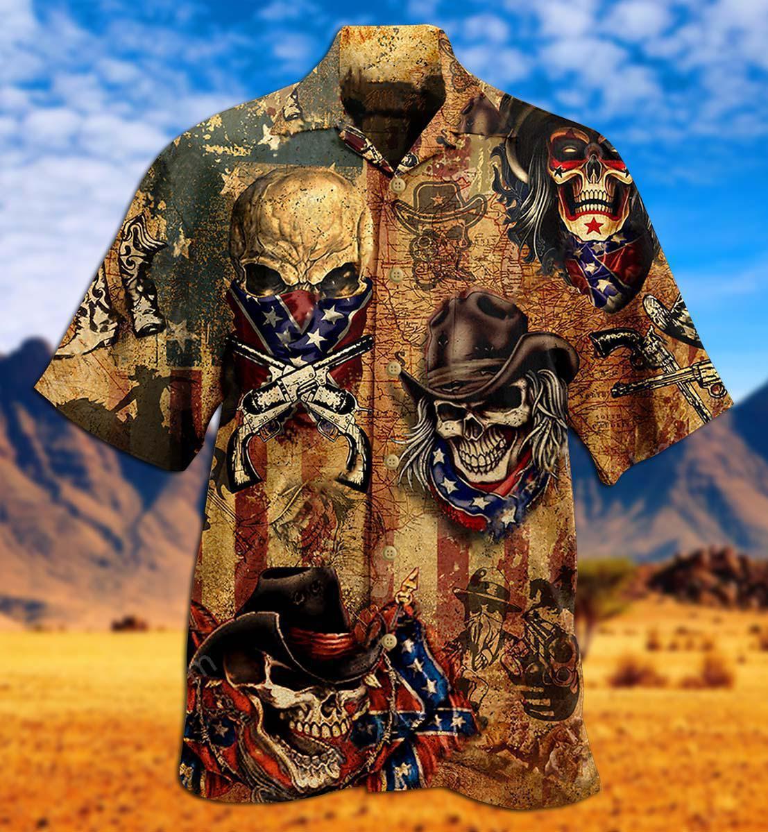 Vintage Western Skull Cowboy Americana Hawaiian Shirt Artwork View For Coastal Escapes And Resort Style