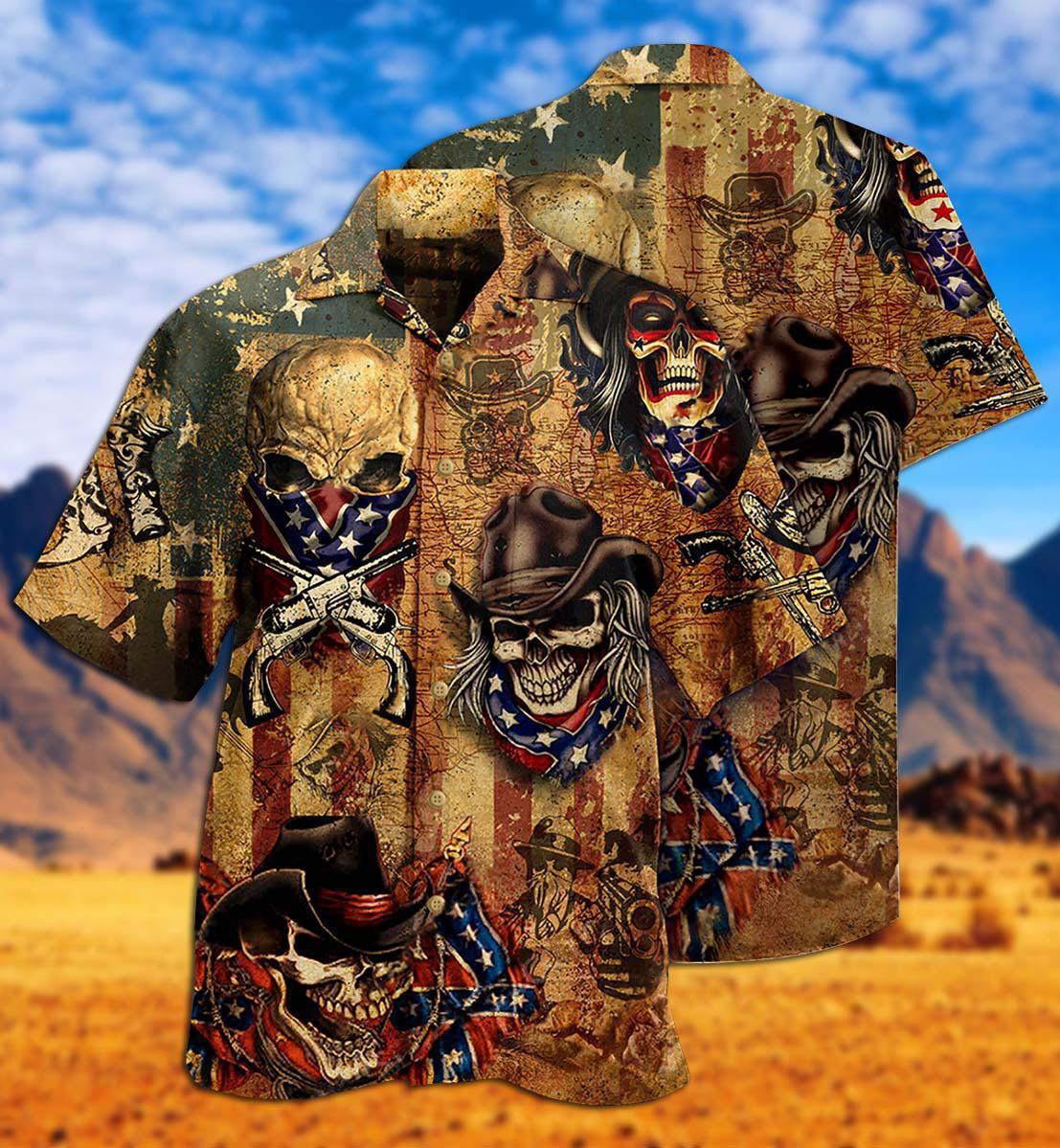 Vintage Western Skull Cowboy Americana Hawaiian Shirt For Summer Events And Casual Outdoor Wear