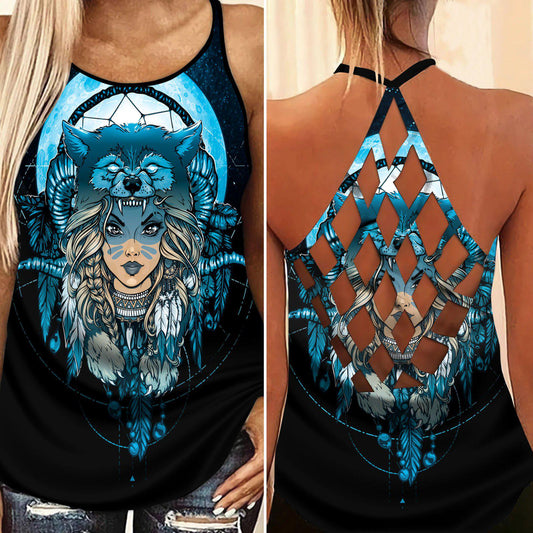 Native Girl Wolf Dreamcatcher Blue Hollow Tank Top For Yoga Workouts And Festival Wear