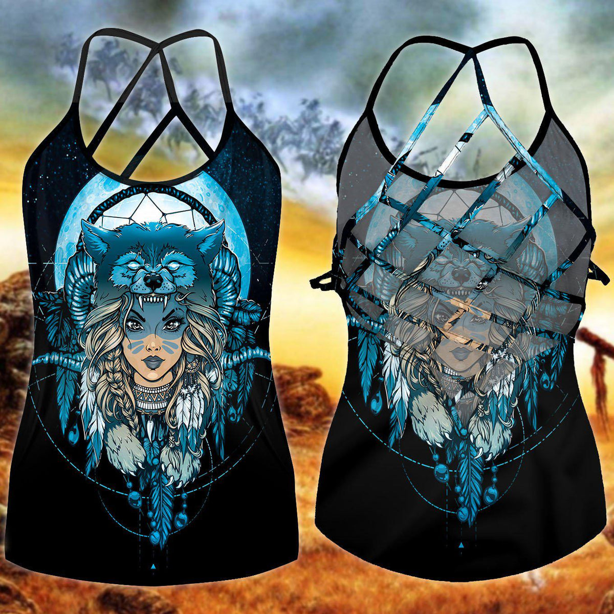 Native Girl Wolf Dreamcatcher Blue Hollow Tank Top For Yoga Workouts And Festival Wear