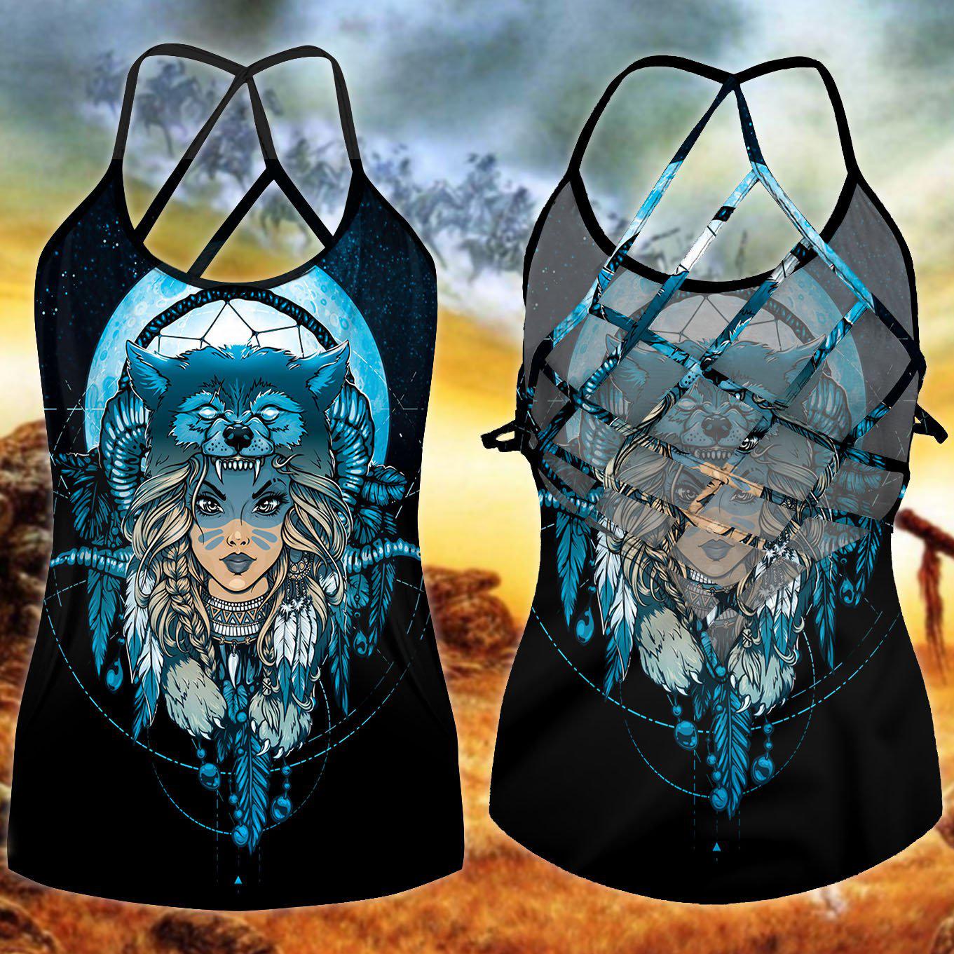 Native Girl Wolf Dreamcatcher Blue Hollow Tank Top For Yoga Workouts And Festival Wear