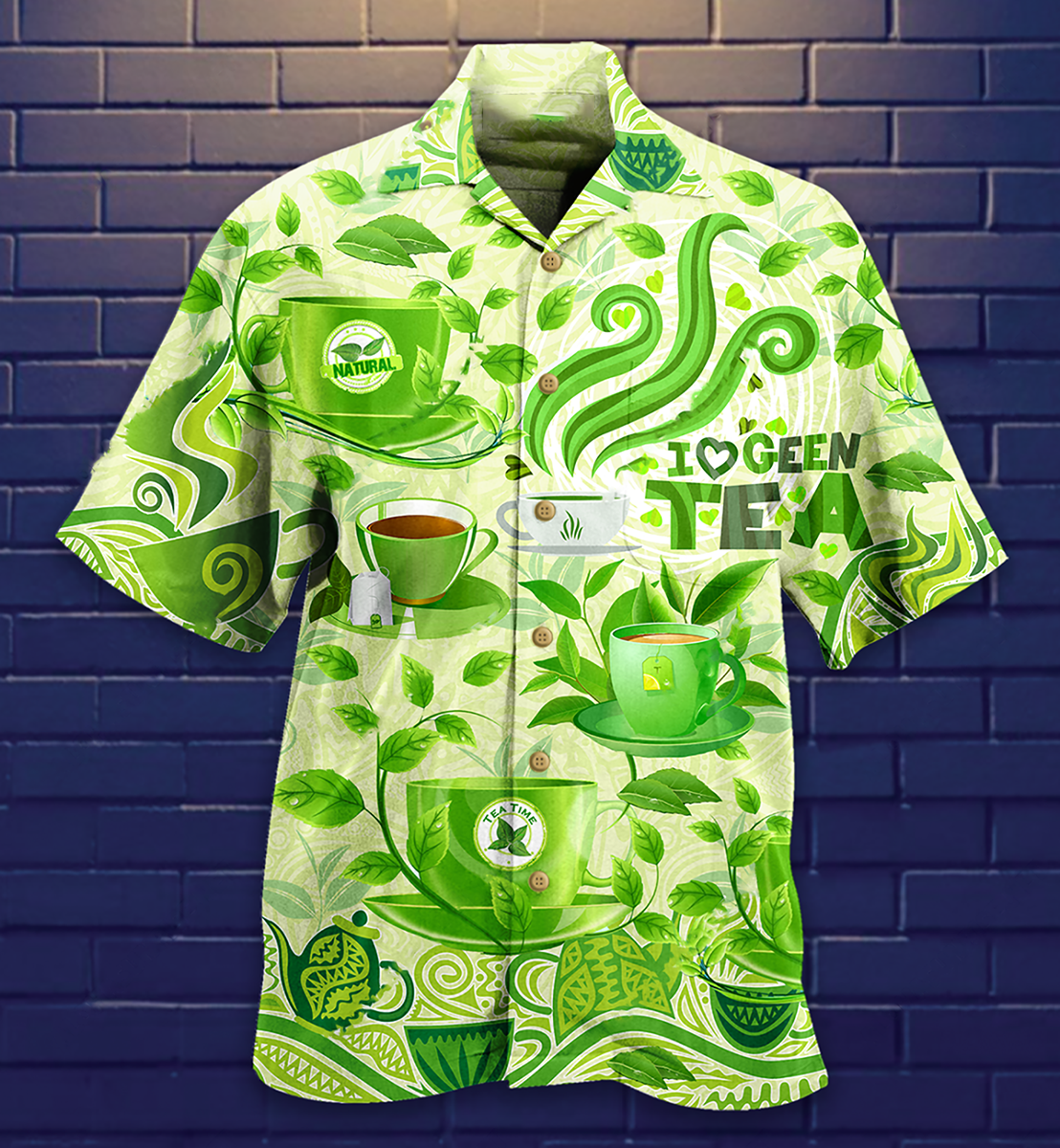 Green Tea Hawaiian Shirt With All Over Print For Beach Vacations Casual Parties And Warm Weather Style