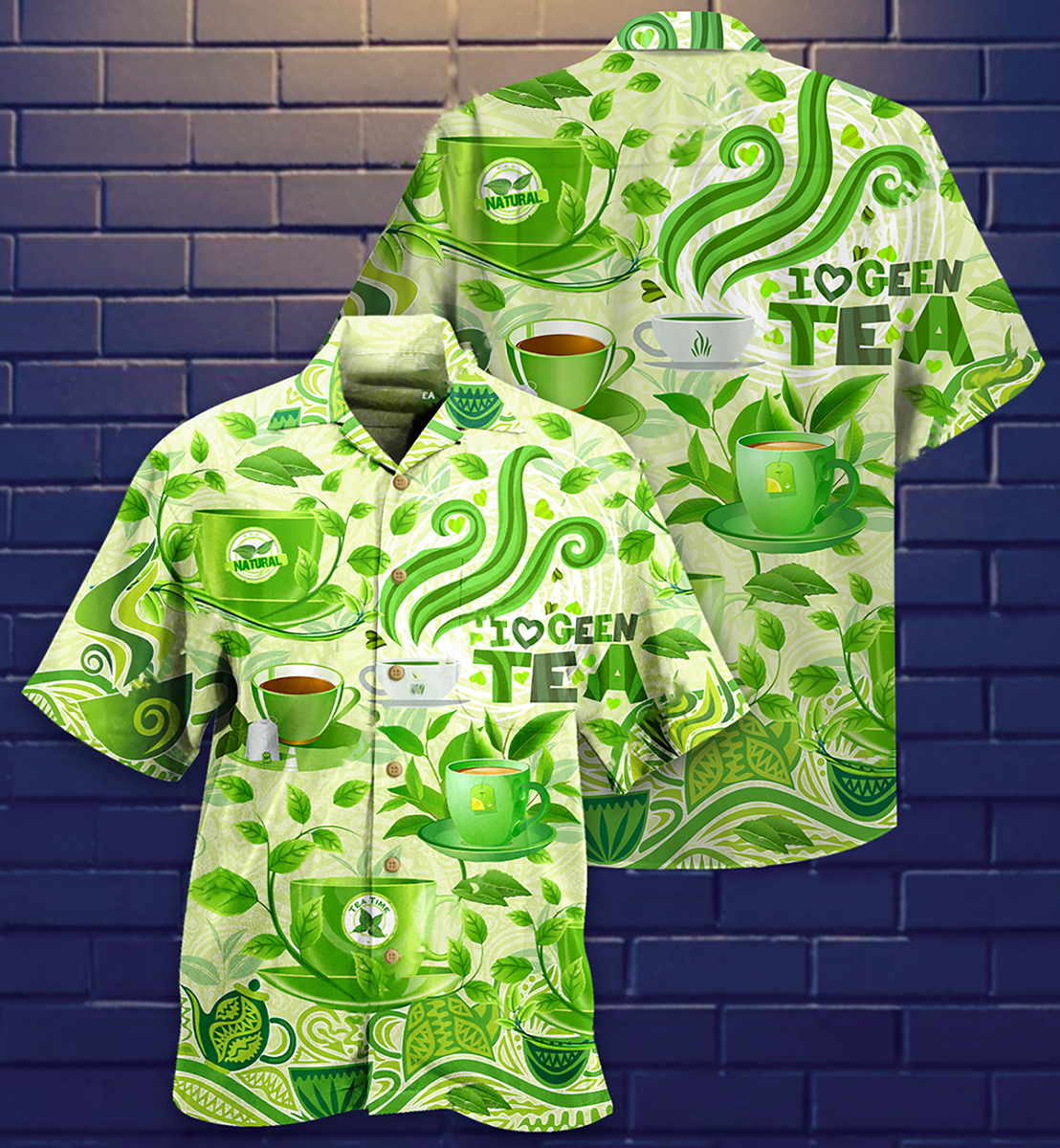 Green Tea Hawaiian Shirt With Detailed Graphic For Beach Vacations Casual Parties And Warm Weather Style