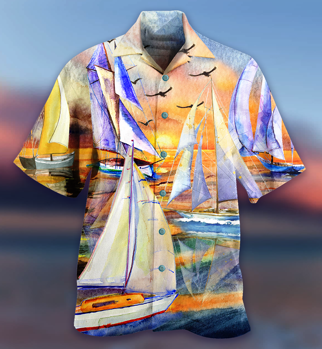 Sailing Beach Sunset Romantic Hawaiian Shirt Pattern Detail For Vacation Travel And Daily Wear