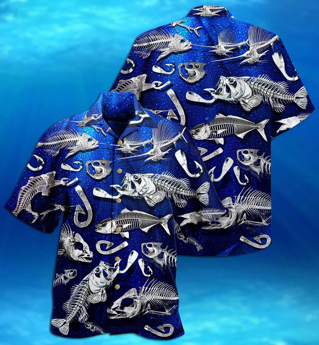 Blue Fishing Fishbone Hawaiian Shirt For Coastal Adventures And Warm Weather Wear