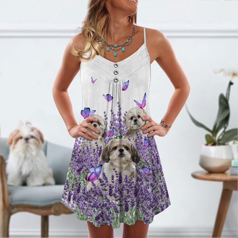 Dog Purple Flower Shih Tzu V-Neck Sleeveless Cami Dress For Travel And Comfortable Botanical Styling