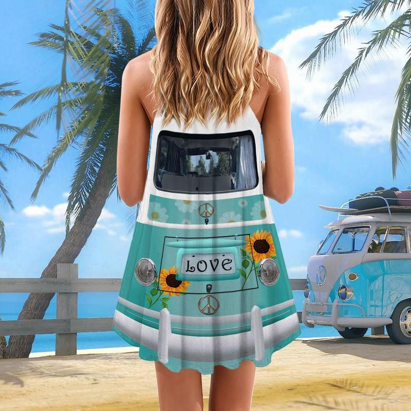 Artistic Hippie Van Retro V-Neck Sleeveless Cami Dress For Outdoor Gatherings And Colorful Summer Style
