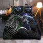 Green And Blue Dragon And Wolf Battle Bedding Cover For Fantasy Bedroom Decor