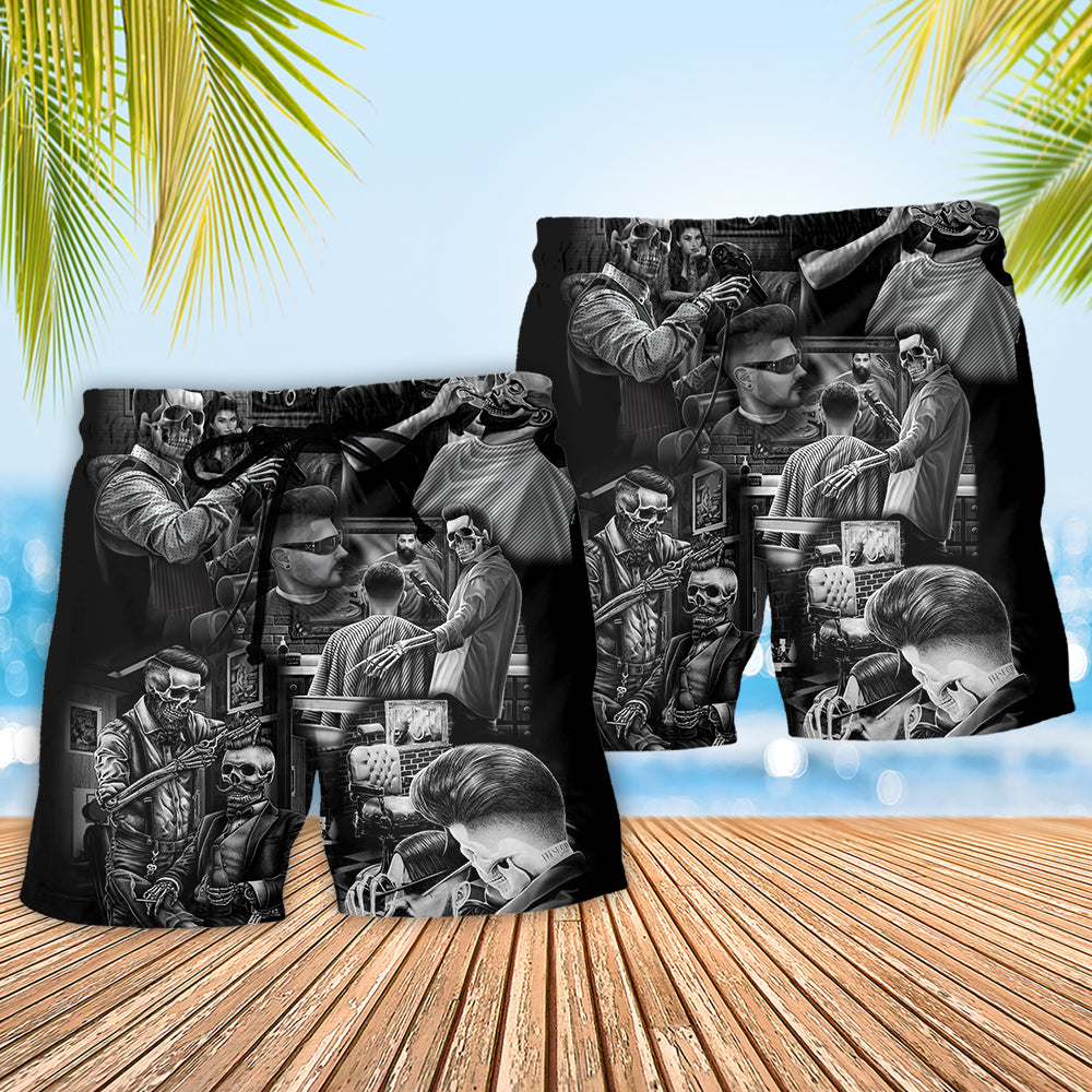 Skull Barber Hair Beach Shorts Pattern Detail For Resort Wear And Relaxed Holiday Style