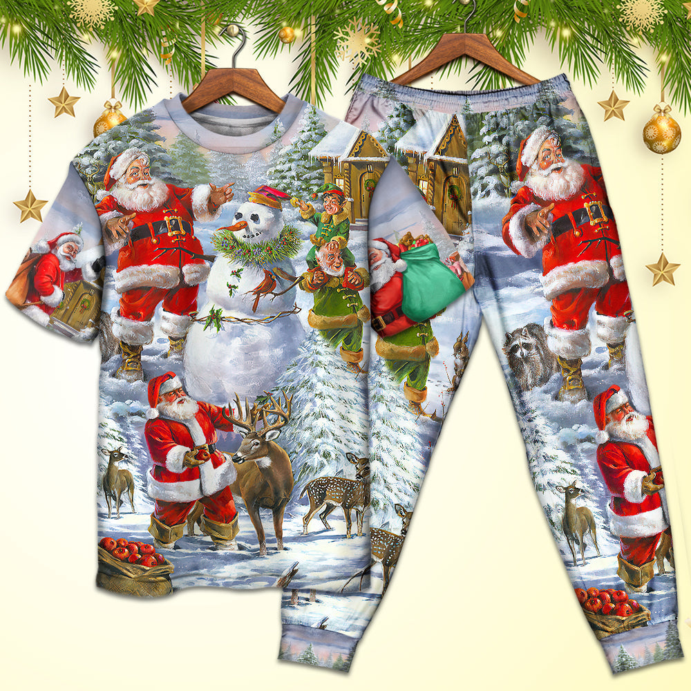 Happy Santa Snowman And Elf Short Sleeve Pajamas Set For Holiday Bedtime And Cozy Home Wear