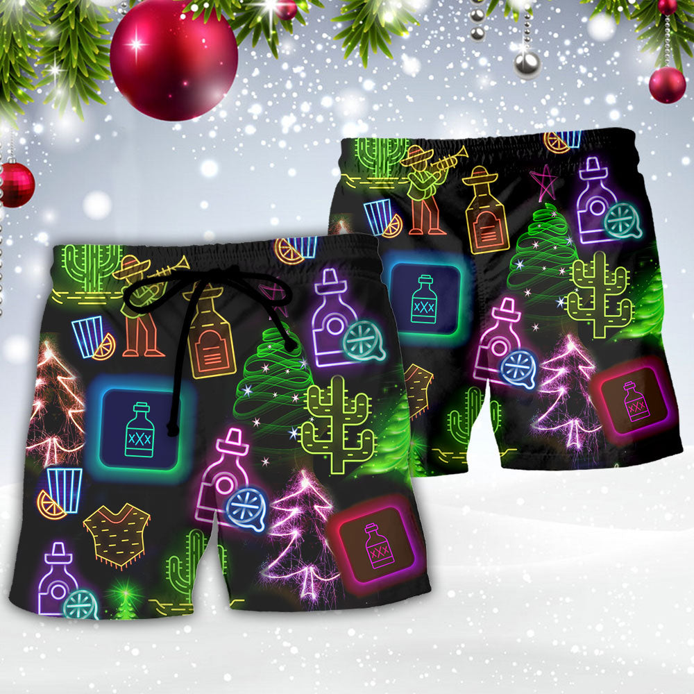 Christmas Spirits Neon Party Beach Shorts Artwork Detail For Tropical Travel And Everyday Wear