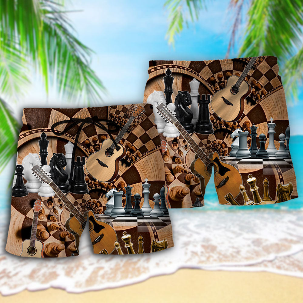 Chess And Guitar Lover Beach Shorts Design View For Poolside Relaxation And Holiday Trips