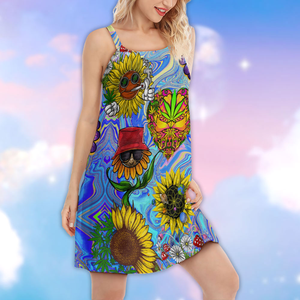 Hippie Sunflowers Trippy Mushroom V-Neck Sleeveless Cami Dress For Music Festivals And Thoughtful Boho Gifting