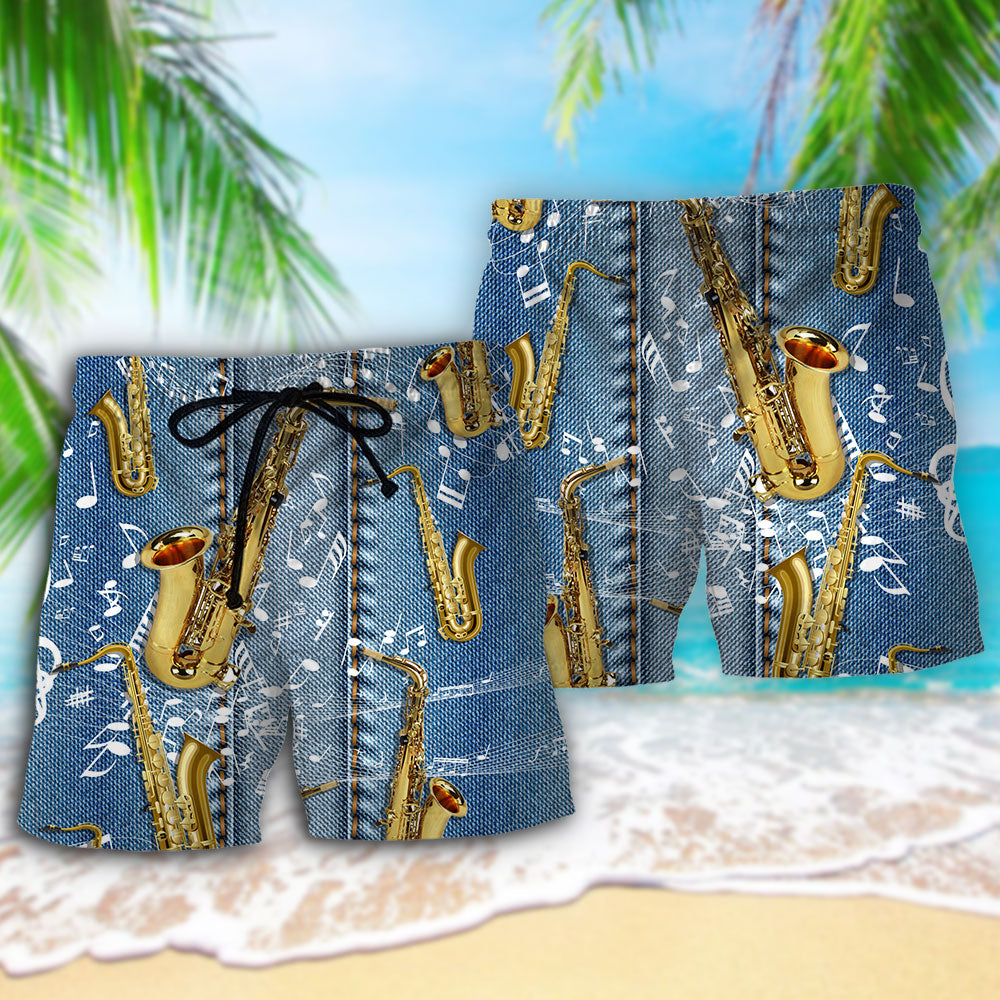 Saxophone Denim Music Beach Shorts Pattern Detail For Sunny Day Activities And Vacation Ready Style