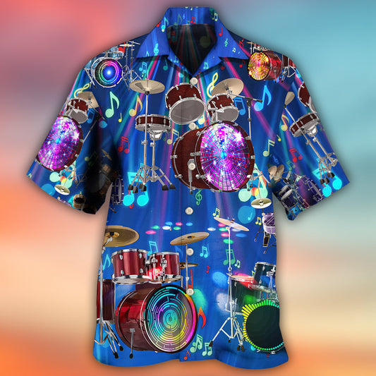 Neon Drum Music Hawaiian Shirt Pattern View For Relaxed Warm Weather Outfits