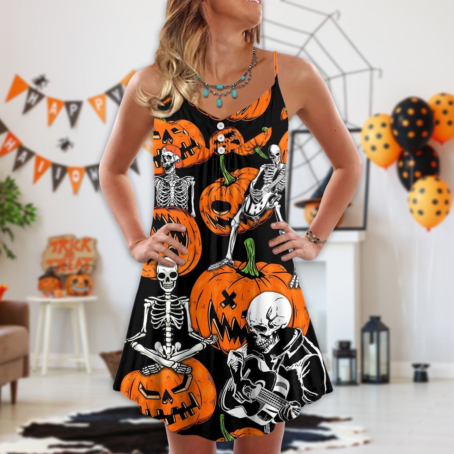 Halloween Skeleton Pumpkin Night V-Neck Sleeveless Cami Dress For Summer Events And Comfortable Everyday Style