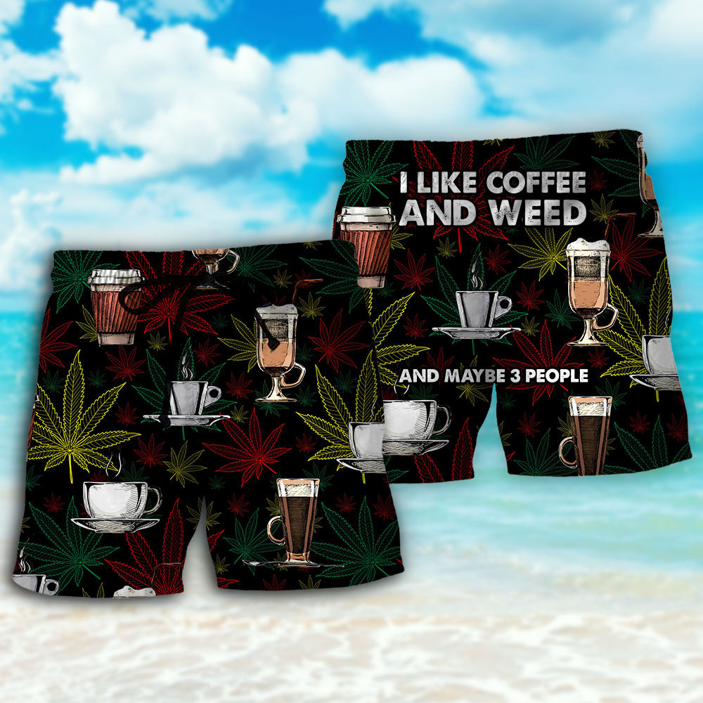 Coffee And Weed I Like Coffee Beach Shorts Artwork Detail For Comfortable Everyday Summer Wear