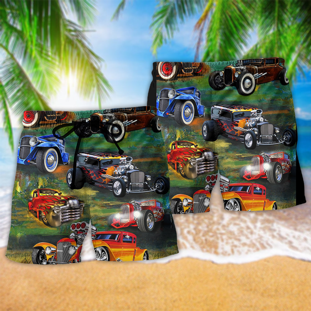 Luxury Retro Car Beach Shorts For Beach Trips And Relaxed Vacation Styling