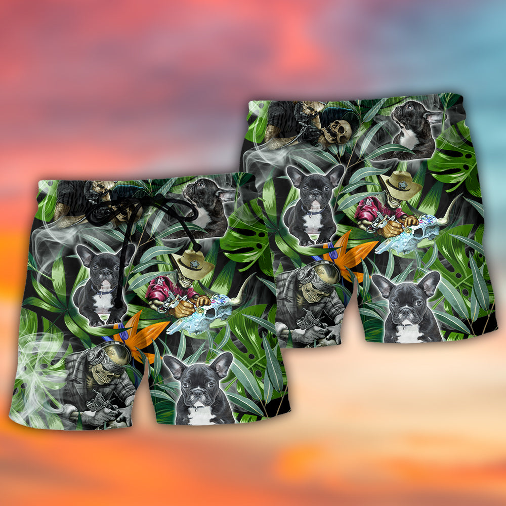 Skull French Bulldog Tattoo Tropical Beach Shorts For Warm Weather Travel And Everyday Comfort
