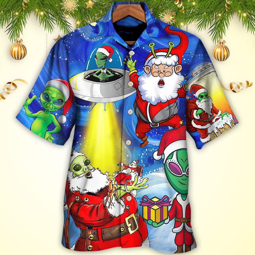 Funny Magical Alien Christmas Santa Night Hawaiian Shirt Pattern Detail For Vacation Travel And Daily Wear